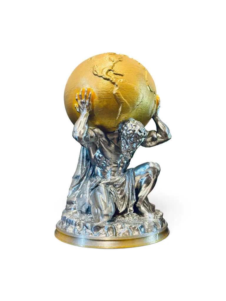 Escultura física de Atlas en acabado plateado y dorado
